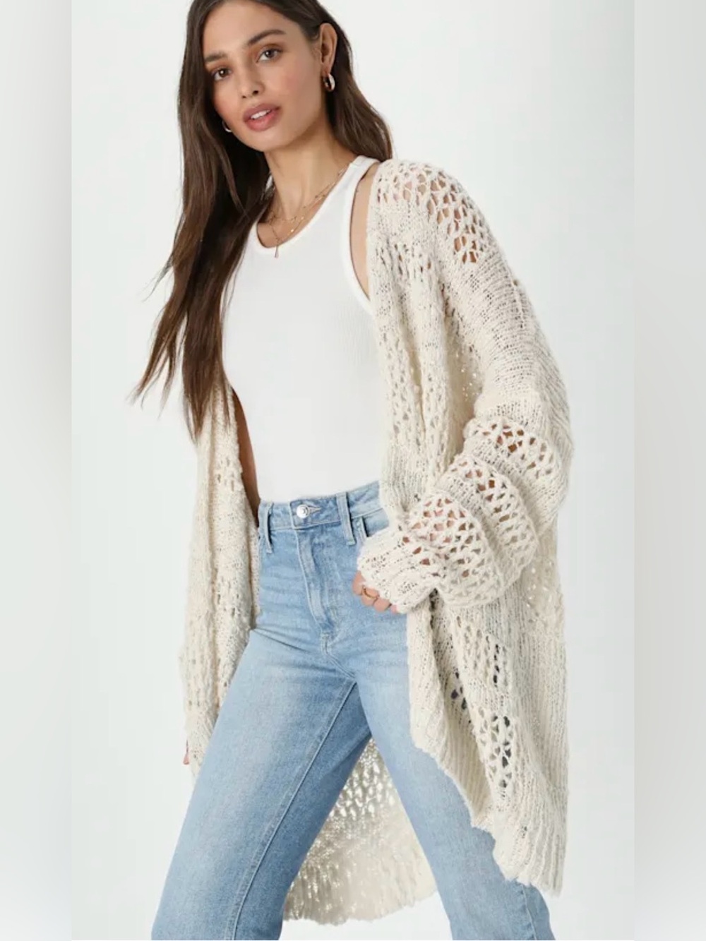 Lulu's Crochet it Ain't So Ivory Oversized Cardigan Sweater - Picture 4 of 8